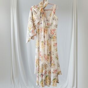 Kay Unger Vintage Silk Floral Ruffled Maxi Dress W/ Matching Scarf
